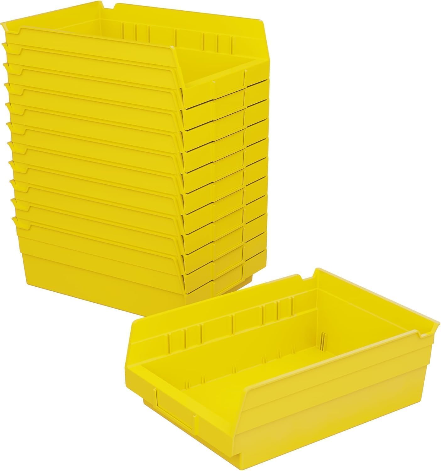 30150 Plastic Shelf Bins, Heavy Duty Storage Bins for Garage, Closet, and Drawer Organization, 12" x 8" x 4", Yellow, 12-Pack