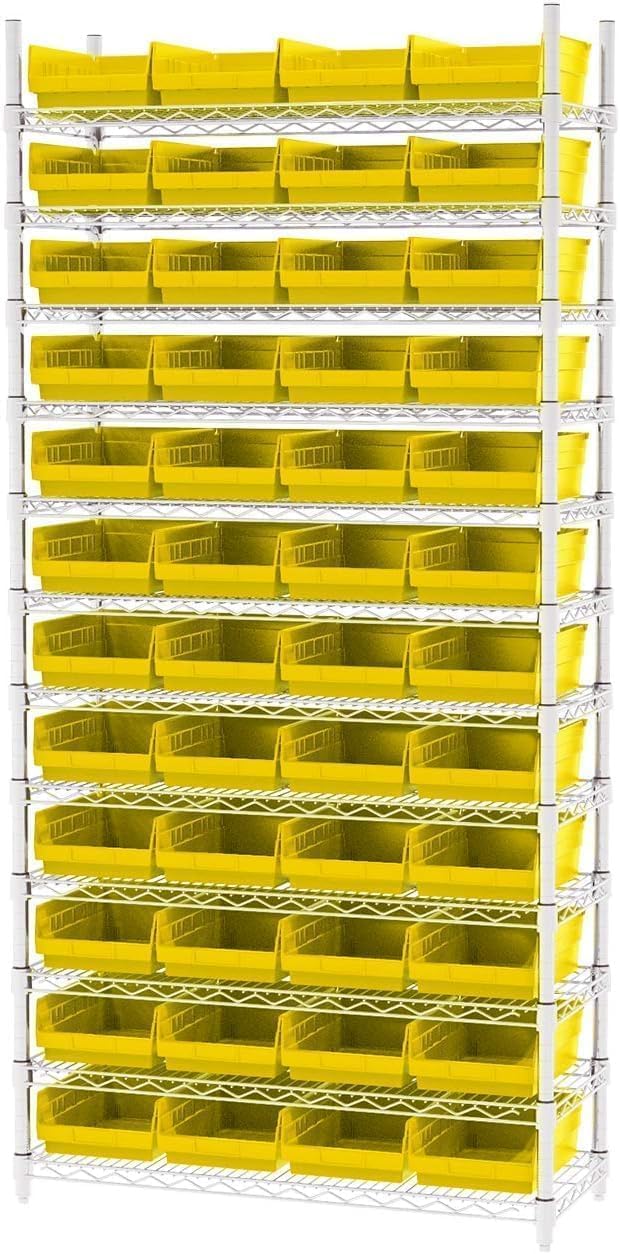 30150 Plastic Shelf Bins, Heavy Duty Storage Bins for Garage, Closet, and Drawer Organization, 12" x 8" x 4", Yellow, 12-Pack