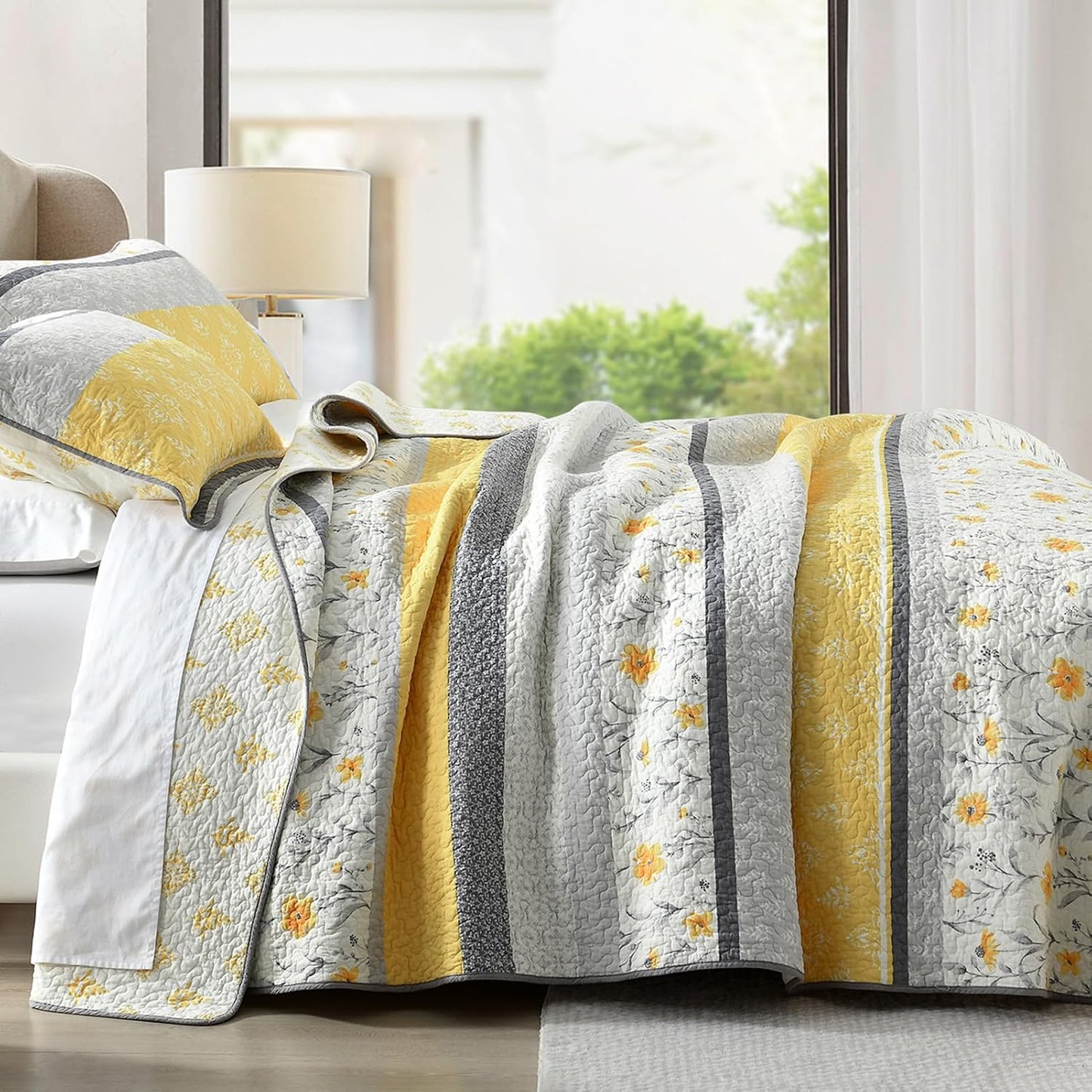 100% Cotton Queen Quilt Set, Size Bedding Floral Reversible Farmhouse Yellow Quilted Bedspread Lightweight Comforter for Bed, 3pcs, Yellow/Gray/White, Queen(90/''x98/'')