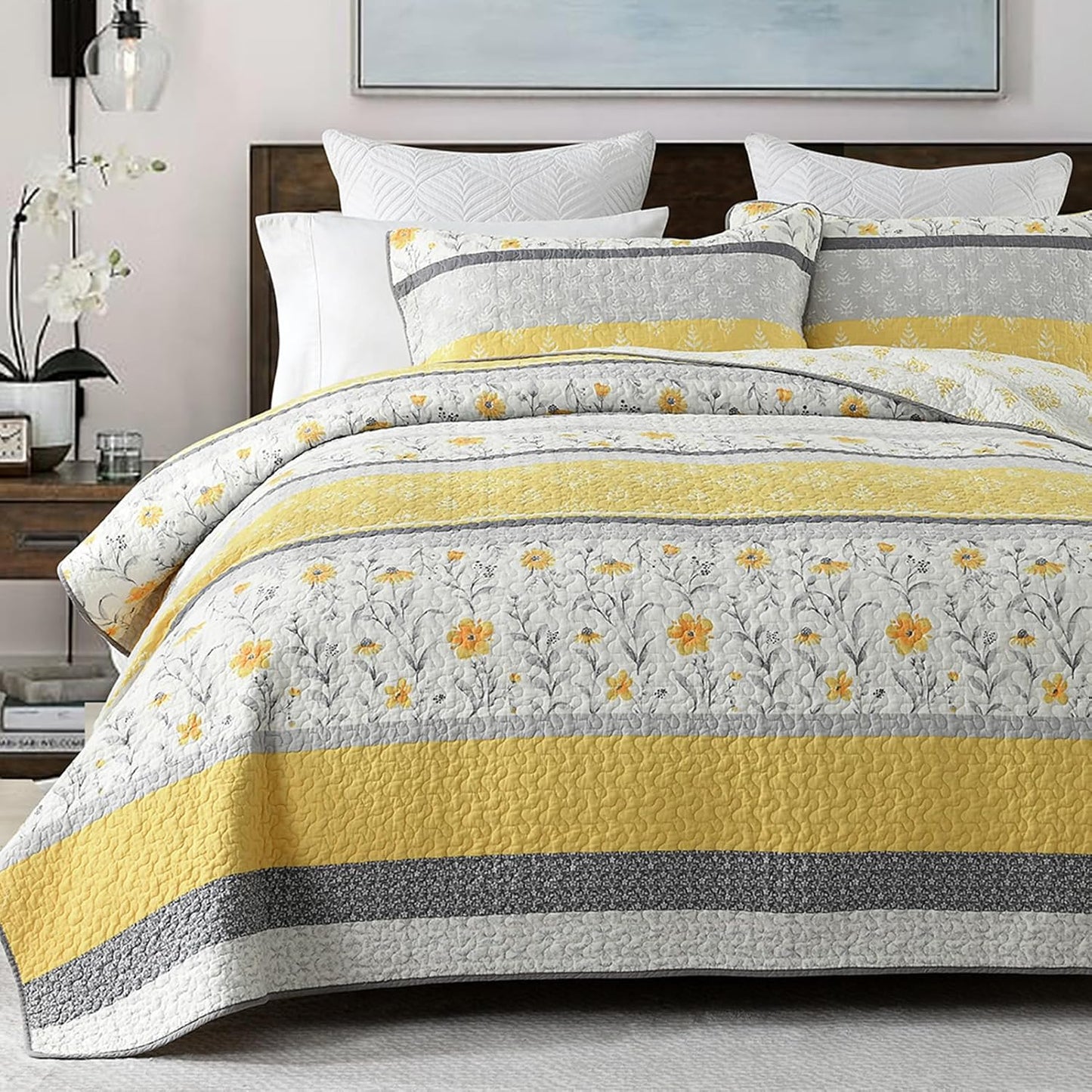 100% Cotton Queen Quilt Set, Size Bedding Floral Reversible Farmhouse Yellow Quilted Bedspread Lightweight Comforter for Bed, 3pcs, Yellow/Gray/White, Queen(90/''x98/'')