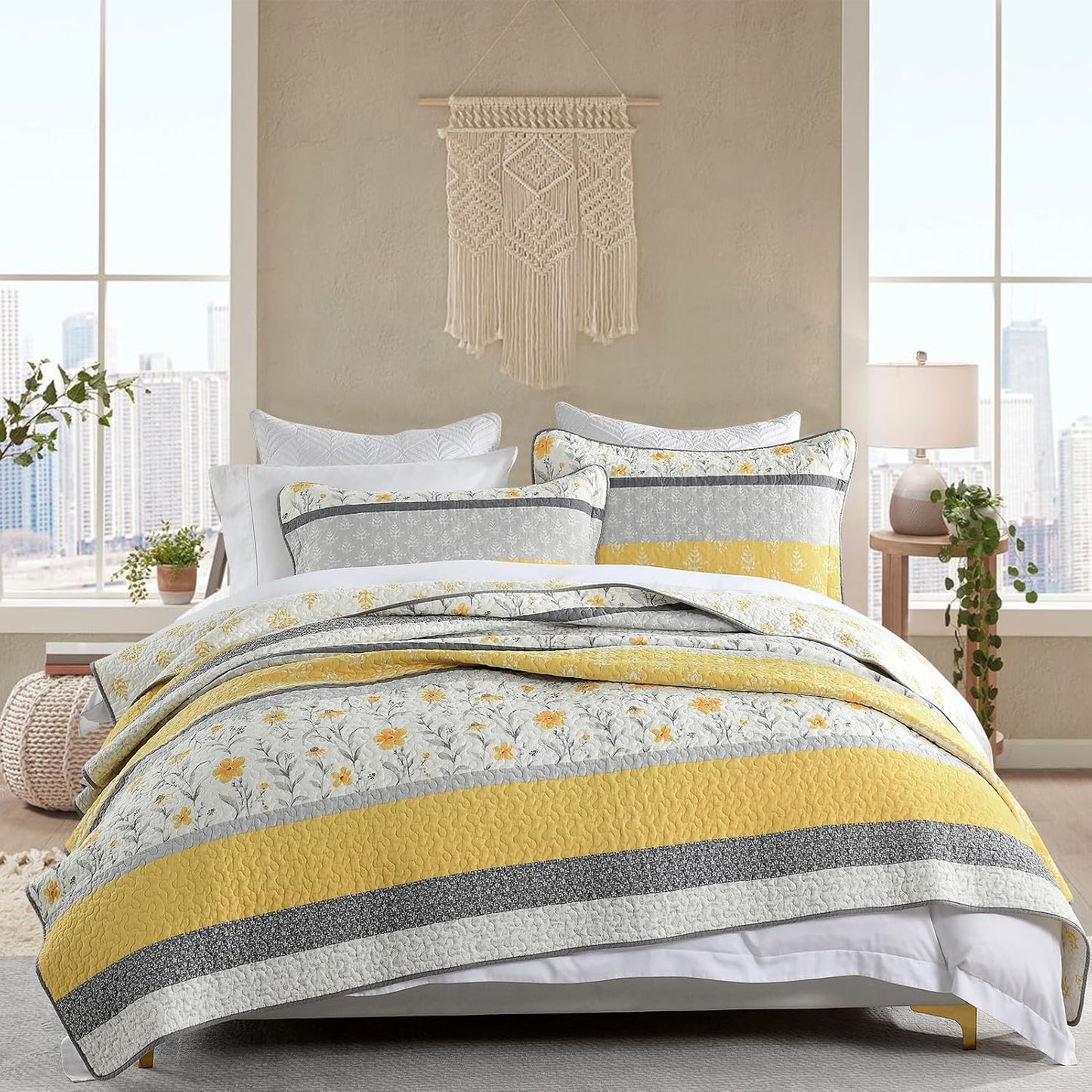 100% Cotton Queen Quilt Set, Size Bedding Floral Reversible Farmhouse Yellow Quilted Bedspread Lightweight Comforter for Bed, 3pcs, Yellow/Gray/White, Queen(90/''x98/'')