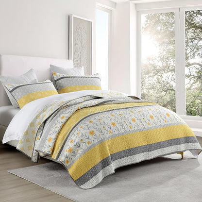 100% Cotton Queen Quilt Set, Size Bedding Floral Reversible Farmhouse Yellow Quilted Bedspread Lightweight Comforter for Bed, 3pcs, Yellow/Gray/White, Queen(90/''x98/'')