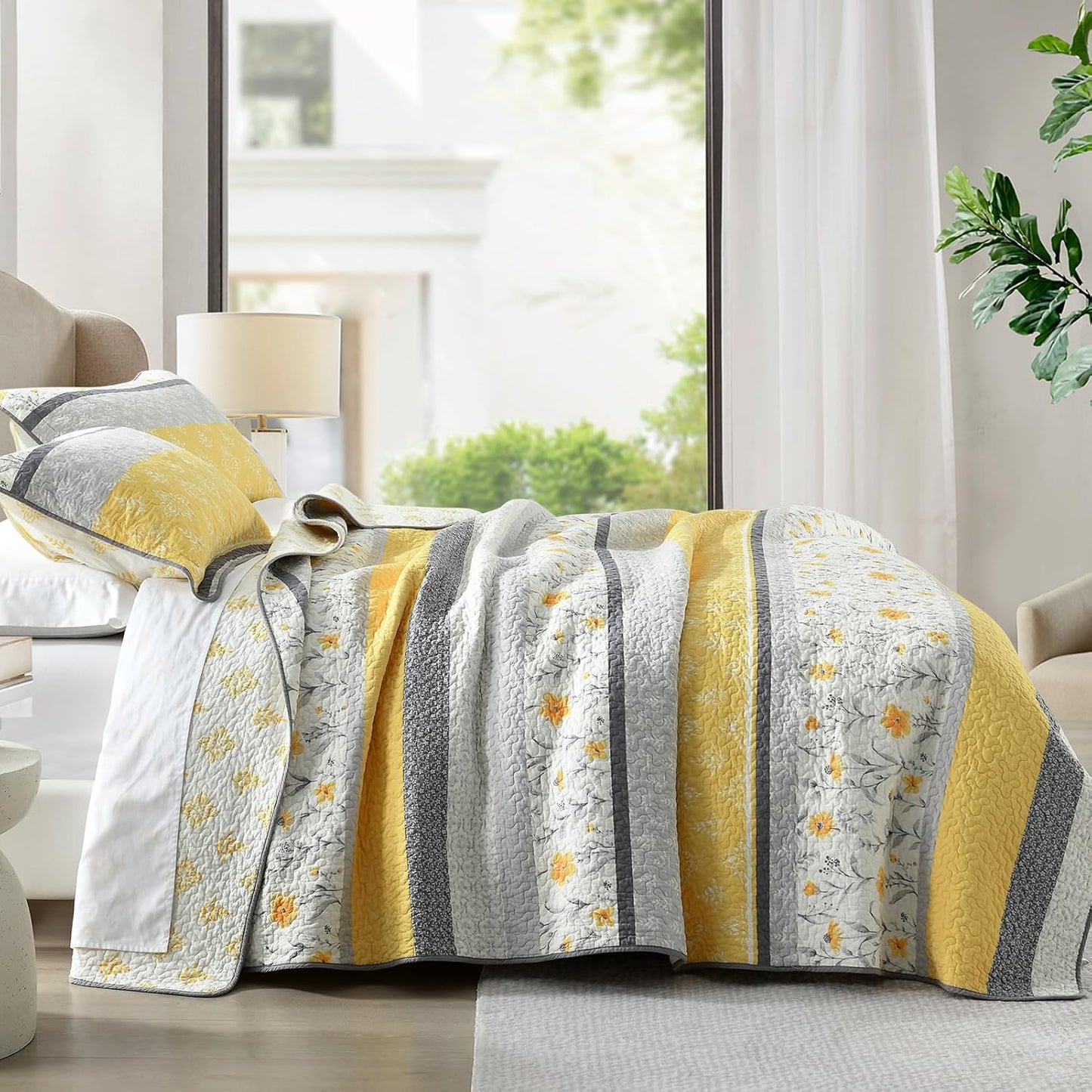 100% Cotton Queen Quilt Set, Size Bedding Floral Reversible Farmhouse Yellow Quilted Bedspread Lightweight Comforter for Bed, 3pcs, Yellow/Gray/White, Queen(90/''x98/'')