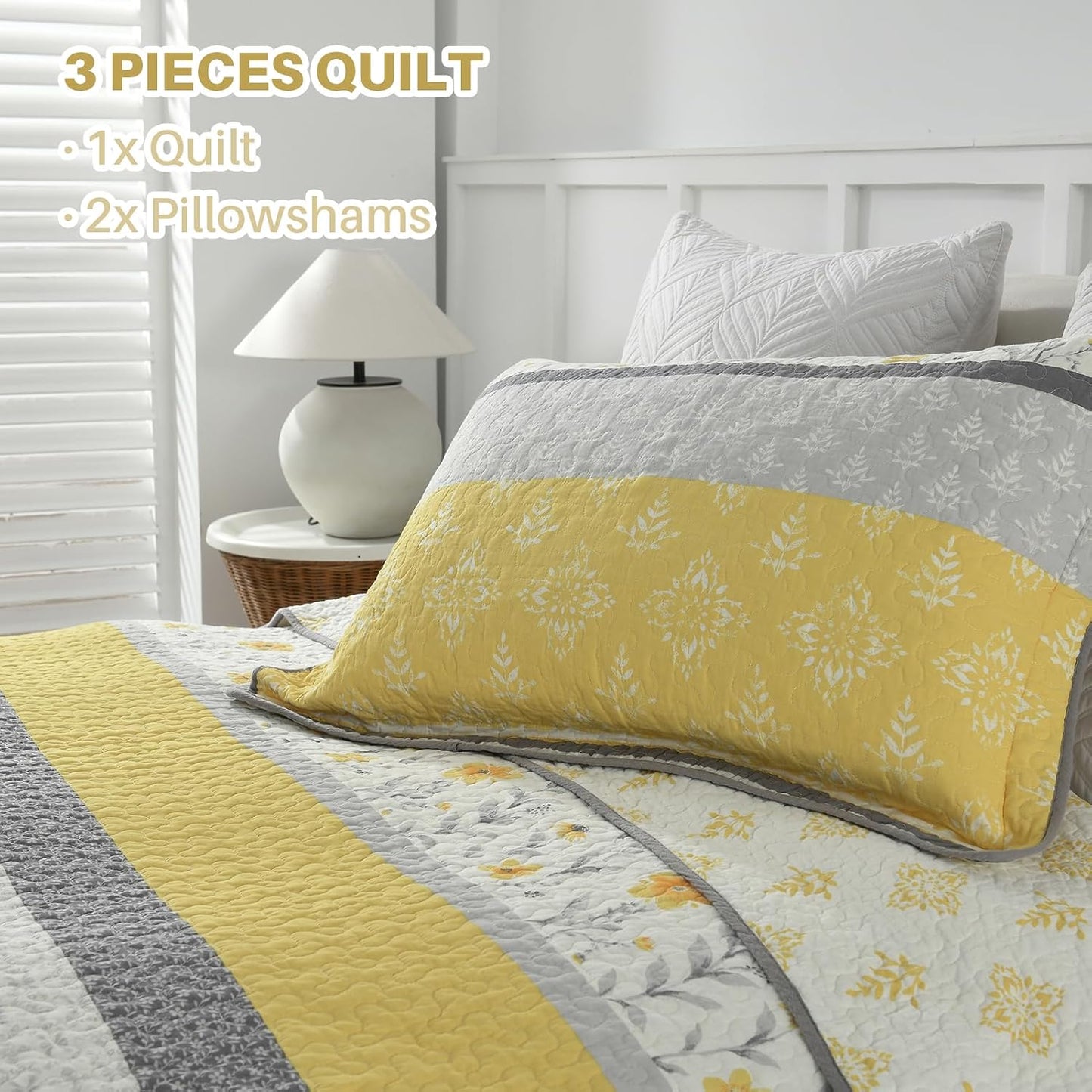 100% Cotton Queen Quilt Set, Size Bedding Floral Reversible Farmhouse Yellow Quilted Bedspread Lightweight Comforter for Bed, 3pcs, Yellow/Gray/White, Queen(90/''x98/'')