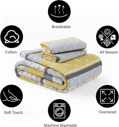 100% Cotton Queen Quilt Set, Size Bedding Floral Reversible Farmhouse Yellow Quilted Bedspread Lightweight Comforter for Bed, 3pcs, Yellow/Gray/White, Queen(90/''x98/'')