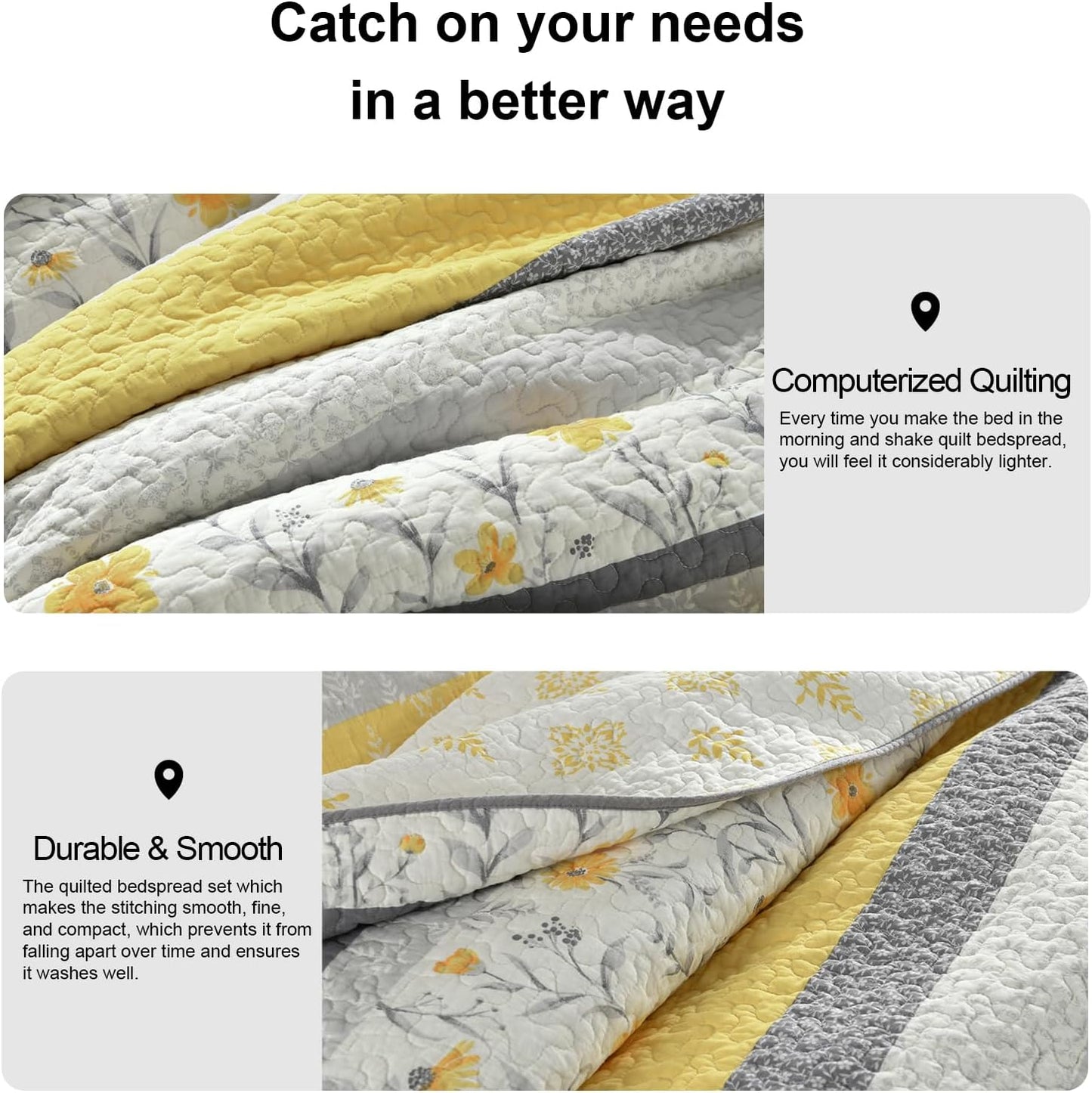 100% Cotton Queen Quilt Set, Size Bedding Floral Reversible Farmhouse Yellow Quilted Bedspread Lightweight Comforter for Bed, 3pcs, Yellow/Gray/White, Queen(90/''x98/'')