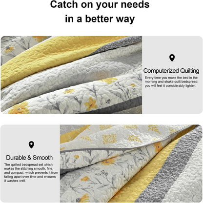 100% Cotton Queen Quilt Set, Size Bedding Floral Reversible Farmhouse Yellow Quilted Bedspread Lightweight Comforter for Bed, 3pcs, Yellow/Gray/White, Queen(90/''x98/'')