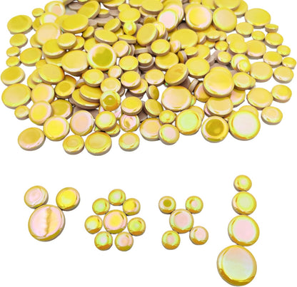4 Size Iridescent 280PCS Round Ceramic Mosaic Tiles for Crafts Bulk,1.1LB Circle Mosaic Pieces for Flowerpots, Vases, Cups, Garden and Home Decor DIY Mosaic Making Supplies (Yellow)