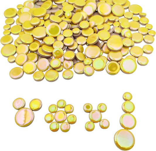 4 Size Iridescent 280PCS Round Ceramic Mosaic Tiles for Crafts Bulk,1.1LB Circle Mosaic Pieces for Flowerpots, Vases, Cups, Garden and Home Decor DIY Mosaic Making Supplies (Yellow)