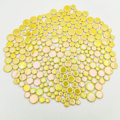 4 Size Iridescent 280PCS Round Ceramic Mosaic Tiles for Crafts Bulk,1.1LB Circle Mosaic Pieces for Flowerpots, Vases, Cups, Garden and Home Decor DIY Mosaic Making Supplies (Yellow)