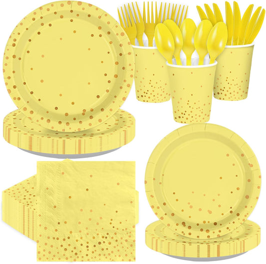 168Pcs Yellow and Gold Party Decorations Yellow and Gold Plates and Napkins Bee Lemon Decorations for Wedding Baby Shower Bride Sunflower Birthday Party Supplies Serves 24