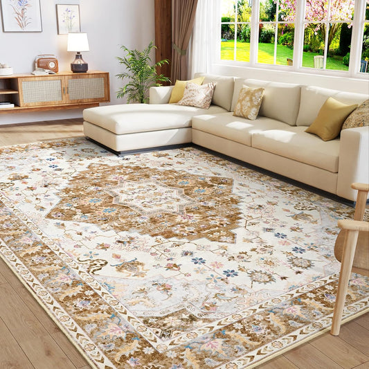 Amearea Vintage Design Area Rugs for Living Room, 6x9 Machine Washable Floral Collection Traditional Bedroom Rug, Low Pile Cute Kids Room Print Carpet, No Slip Office Kitchen Home Decor, Gold Yellow