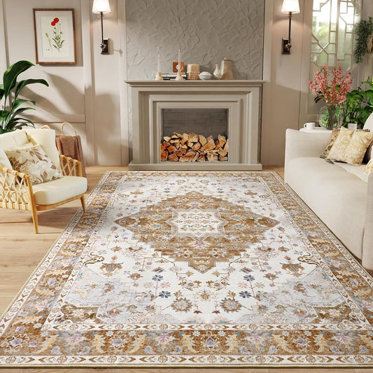 Amearea Vintage Design Area Rugs for Living Room, 6x9 Machine Washable Floral Collection Traditional Bedroom Rug, Low Pile Cute Kids Room Print Carpet, No Slip Office Kitchen Home Decor, Gold Yellow
