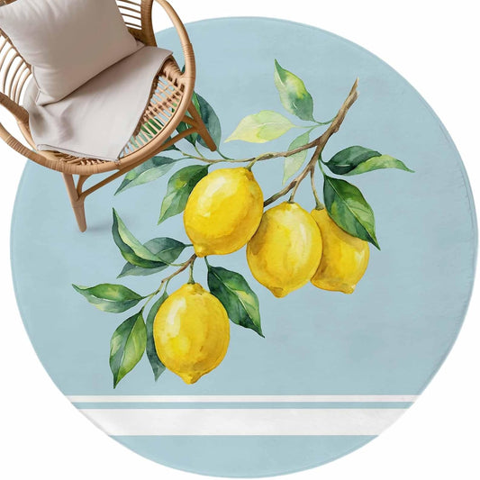 Round Area Rug Fluffy Carpet,3ft Watercolor Yellow Lemon Leaves Soft Shaggy Circle Rugs Non-Slip Accent Floor Mat for Living Room Bedroom Nursery Office Decor,Summer Fruit on Light Blue