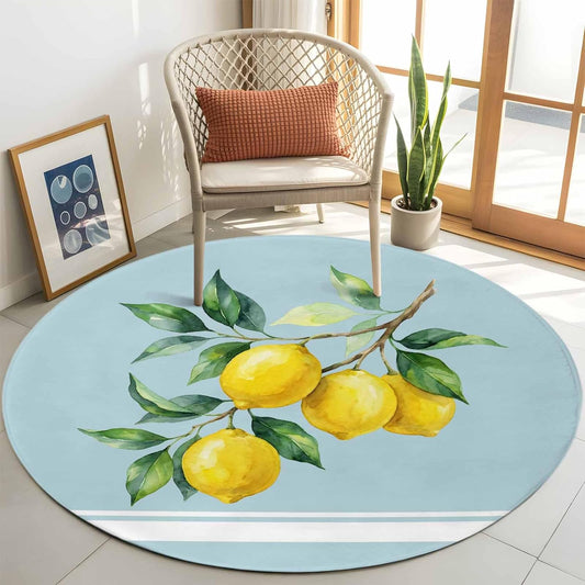 Round Area Rug Fluffy Carpet,3ft Watercolor Yellow Lemon Leaves Soft Shaggy Circle Rugs Non-Slip Accent Floor Mat for Living Room Bedroom Nursery Office Decor,Summer Fruit on Light Blue