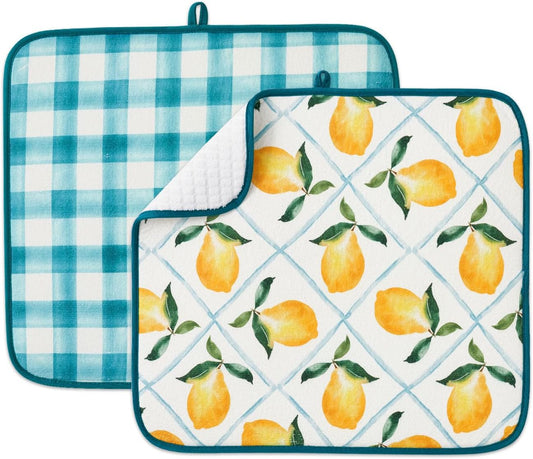 Printed Dish Drying Mat for Kitchen Counter 2 Pack Absorbent Reversible Drying Mats Microfiber Kitchen Drying Mat, Extra Large Dishes Drainer Mats (18"x16", Lemon)