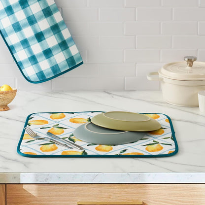 Printed Dish Drying Mat for Kitchen Counter 2 Pack Absorbent Reversible Drying Mats Microfiber Kitchen Drying Mat, Extra Large Dishes Drainer Mats (18"x16", Lemon)