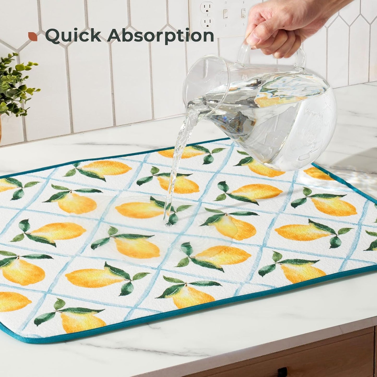Printed Dish Drying Mat for Kitchen Counter 2 Pack Absorbent Reversible Drying Mats Microfiber Kitchen Drying Mat, Extra Large Dishes Drainer Mats (18"x16", Lemon)