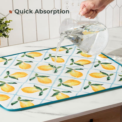 Printed Dish Drying Mat for Kitchen Counter 2 Pack Absorbent Reversible Drying Mats Microfiber Kitchen Drying Mat, Extra Large Dishes Drainer Mats (18"x16", Lemon)