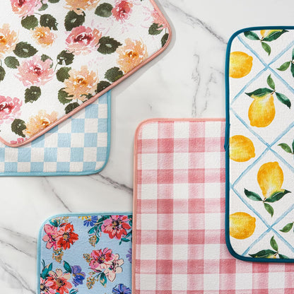 Printed Dish Drying Mat for Kitchen Counter 2 Pack Absorbent Reversible Drying Mats Microfiber Kitchen Drying Mat, Extra Large Dishes Drainer Mats (18"x16", Lemon)