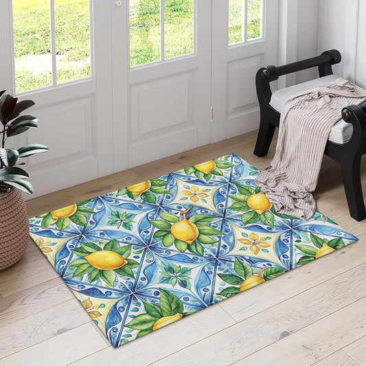 Watercolor Lemon Indoor Door Mat, Vintage Blue Tile Outdoor Entrance Doormat for Entryway Kitchen Bathroom 17 X 29 Inch