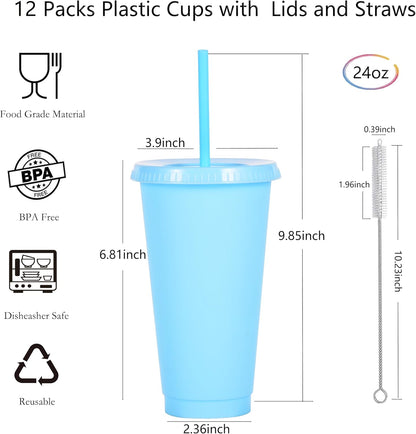 24 oz Reusable Plastic Cups, Custom Cups for Party with Lids and Straws, 12 Pack Iced Coffee Travel Mugs or Mean Girls Party Tumblers, Leak-Proof Coffee Travel Mug (12, Yellow)