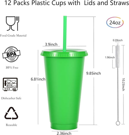 24 oz Reusable Plastic Cups, Custom Cups for Party with Lids and Straws, 12 Pack Iced Coffee Travel Mugs or Mean Girls Party Tumblers, Leak-Proof Coffee Travel Mug (12, Yellow)