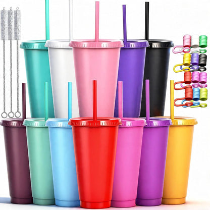 24 oz Reusable Plastic Cups, Custom Cups for Party with Lids and Straws, 12 Pack Iced Coffee Travel Mugs or Mean Girls Party Tumblers, Leak-Proof Coffee Travel Mug (12, Yellow)
