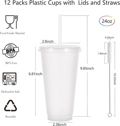 24 oz Reusable Plastic Cups, Custom Cups for Party with Lids and Straws, 12 Pack Iced Coffee Travel Mugs or Mean Girls Party Tumblers, Leak-Proof Coffee Travel Mug (12, Yellow)