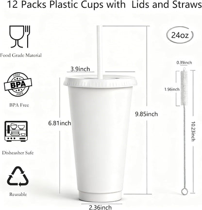 24 oz Reusable Plastic Cups, Custom Cups for Party with Lids and Straws, 12 Pack Iced Coffee Travel Mugs or Mean Girls Party Tumblers, Leak-Proof Coffee Travel Mug (12, Yellow)