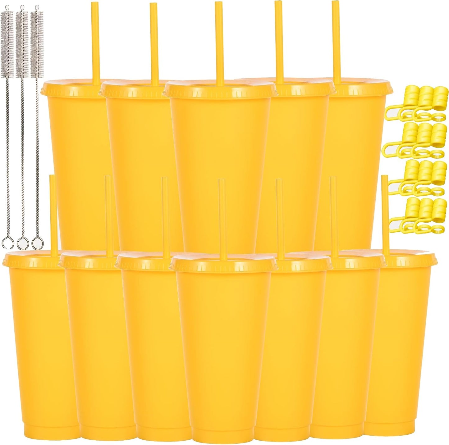 24 oz Reusable Plastic Cups, Custom Cups for Party with Lids and Straws, 12 Pack Iced Coffee Travel Mugs or Mean Girls Party Tumblers, Leak-Proof Coffee Travel Mug (12, Yellow)