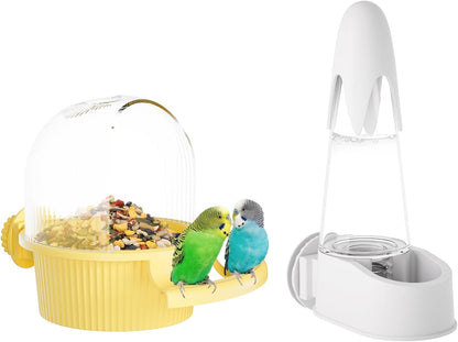 No Mess Bird Feeder Water Dispenser Set, Automatic Hydration, Bird Cage Accessories for Cockatiels Parrots Lovebirds Canarys Finches Budgies and Other Small to Medium Sized Birds (Yellow + White)