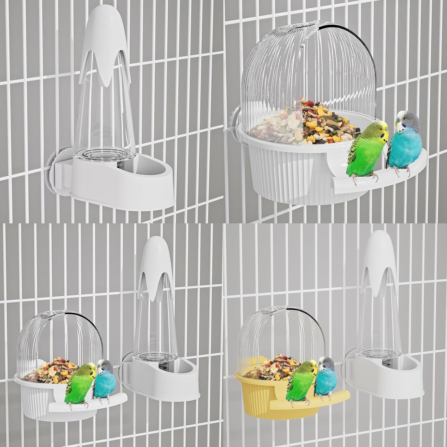 No Mess Bird Feeder Water Dispenser Set, Automatic Hydration, Bird Cage Accessories for Cockatiels Parrots Lovebirds Canarys Finches Budgies and Other Small to Medium Sized Birds (Yellow + White)