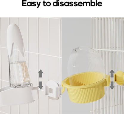 No Mess Bird Feeder Water Dispenser Set, Automatic Hydration, Bird Cage Accessories for Cockatiels Parrots Lovebirds Canarys Finches Budgies and Other Small to Medium Sized Birds (Yellow + White)