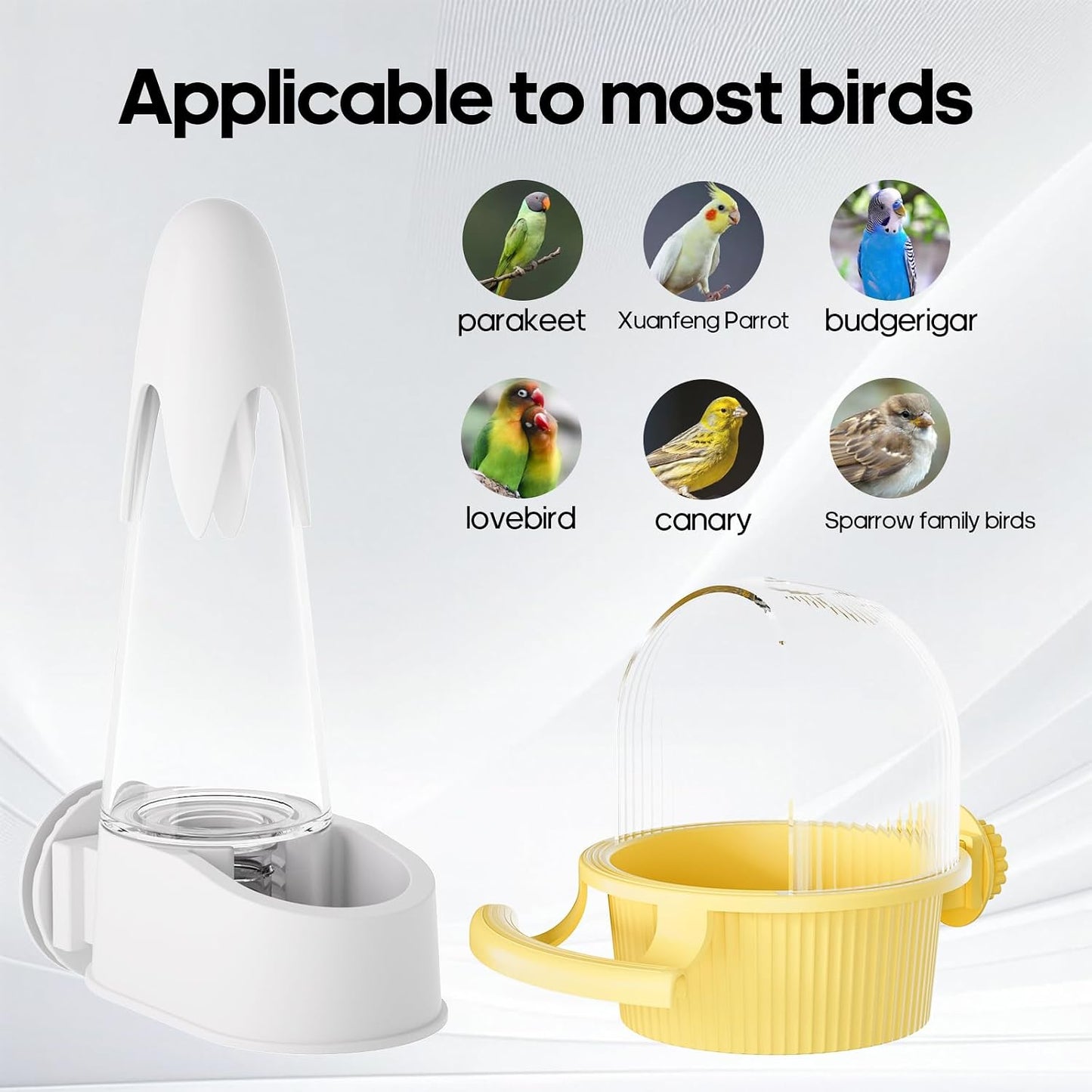 No Mess Bird Feeder Water Dispenser Set, Automatic Hydration, Bird Cage Accessories for Cockatiels Parrots Lovebirds Canarys Finches Budgies and Other Small to Medium Sized Birds (Yellow + White)