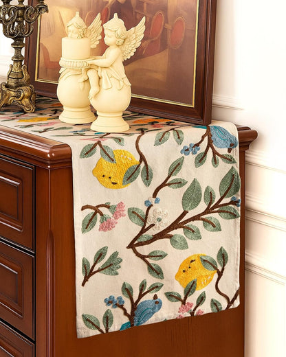 Canvas Embroidered Table Runner - 13"x 72" Coffee Table Runner for Living Room Narrow Tablerunner for Dining Room Washable Farmhouse Kitchen Island Counter Decor Housewarming Gift, Lemon Bird