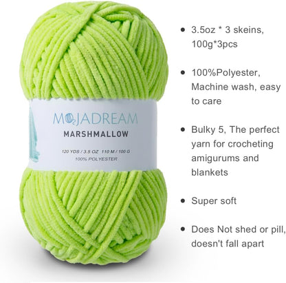 3PCS 3.5oz Chenille Yarn for Blankets Amigurumi: Soft Velvet Baby Yarn Blanket Knitting and Crocheting Bulky 5# Yarn 3 Skeins of 100g (Yellow)