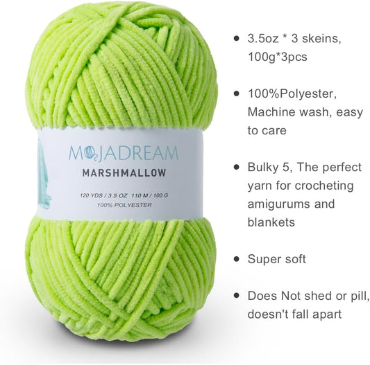 3PCS 3.5oz Chenille Yarn for Blankets Amigurumi: Soft Velvet Baby Yarn Blanket Knitting and Crocheting Bulky 5# Yarn 3 Skeins of 100g (Yellow)