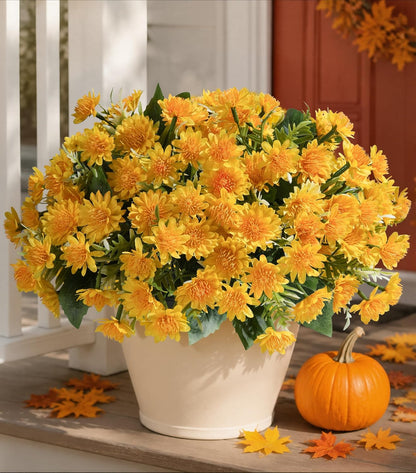 Artificial Fall Mum Flowers for Outdoor, Faux Chrysanthemum Bushes UV Resistant, Waterproof Floral Arrangements, Fake Autumn Daisy Flowers for Front Door Patio Garden Yard Planter Home Decor, Yellow