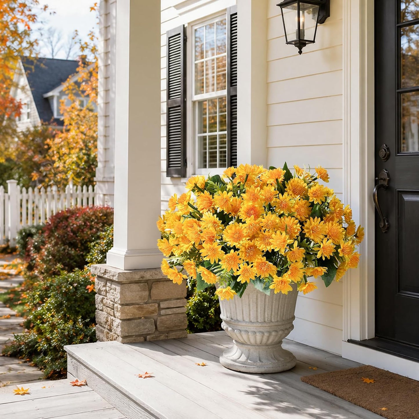 Artificial Fall Mum Flowers for Outdoor, Faux Chrysanthemum Bushes UV Resistant, Waterproof Floral Arrangements, Fake Autumn Daisy Flowers for Front Door Patio Garden Yard Planter Home Decor, Yellow