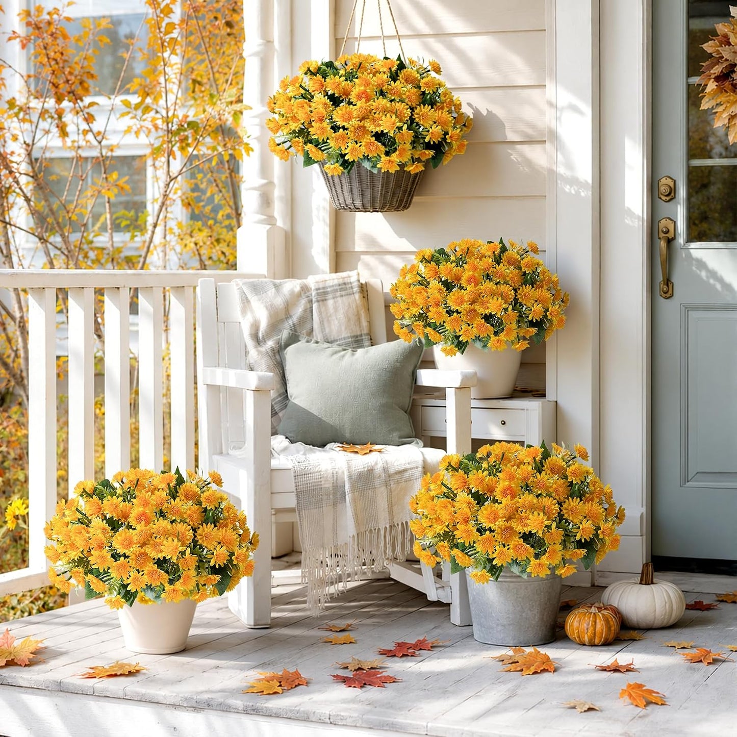 Artificial Fall Mum Flowers for Outdoor, Faux Chrysanthemum Bushes UV Resistant, Waterproof Floral Arrangements, Fake Autumn Daisy Flowers for Front Door Patio Garden Yard Planter Home Decor, Yellow