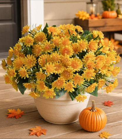 Artificial Fall Mum Flowers for Outdoor, Faux Chrysanthemum Bushes UV Resistant, Waterproof Floral Arrangements, Fake Autumn Daisy Flowers for Front Door Patio Garden Yard Planter Home Decor, Yellow