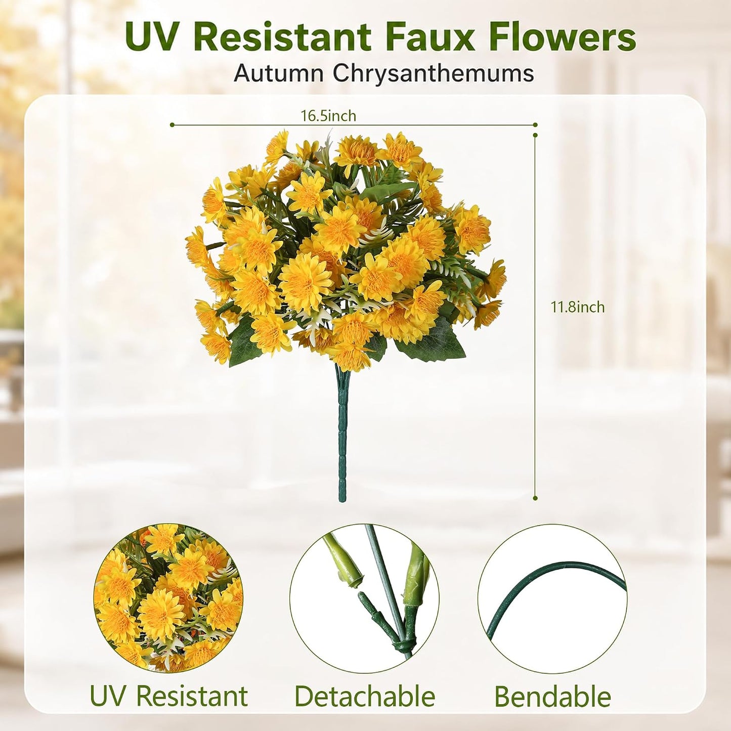Artificial Fall Mum Flowers for Outdoor, Faux Chrysanthemum Bushes UV Resistant, Waterproof Floral Arrangements, Fake Autumn Daisy Flowers for Front Door Patio Garden Yard Planter Home Decor, Yellow