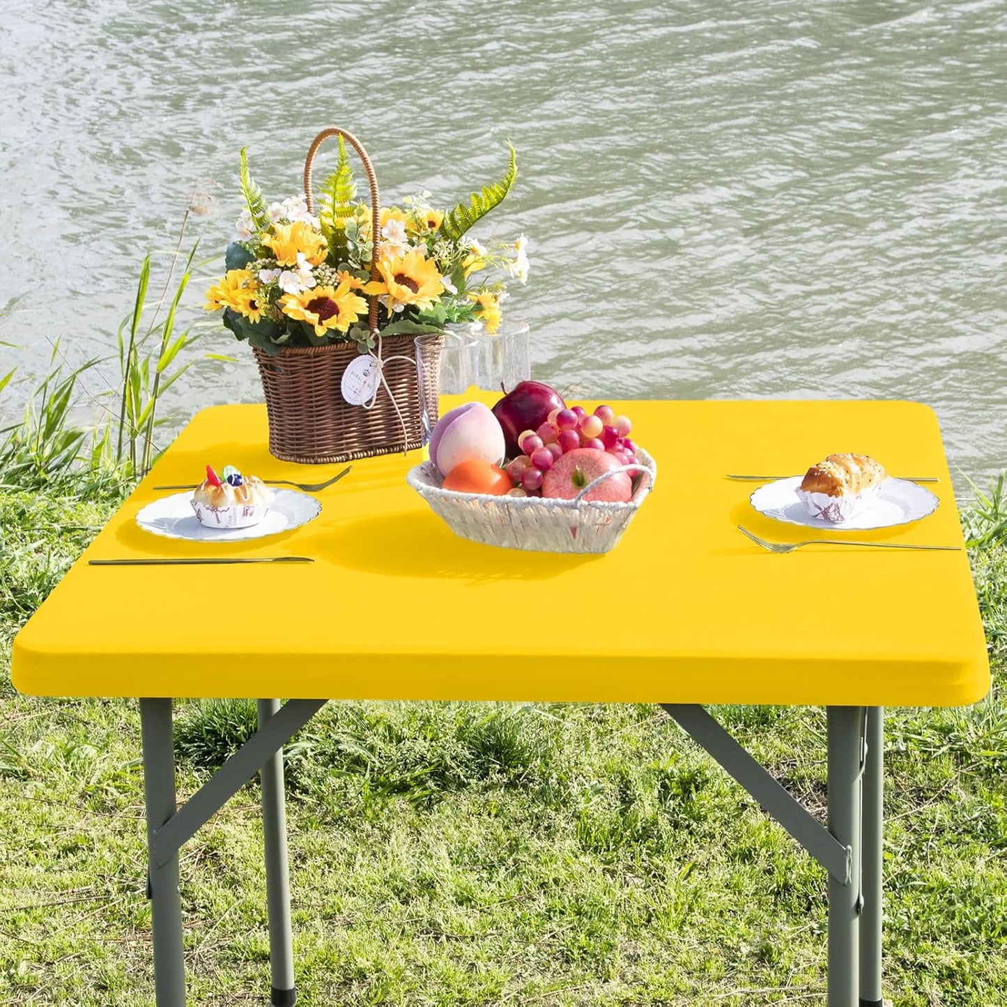 Card Table Covers Fitted Square Elastic Tablecloth, Yellow 34x34 in | Card Table Tablecloth with Elastic, Stretch Spandex Patio Table Covers Washable for Dining, Indoor, Outdoor, Party, Camping