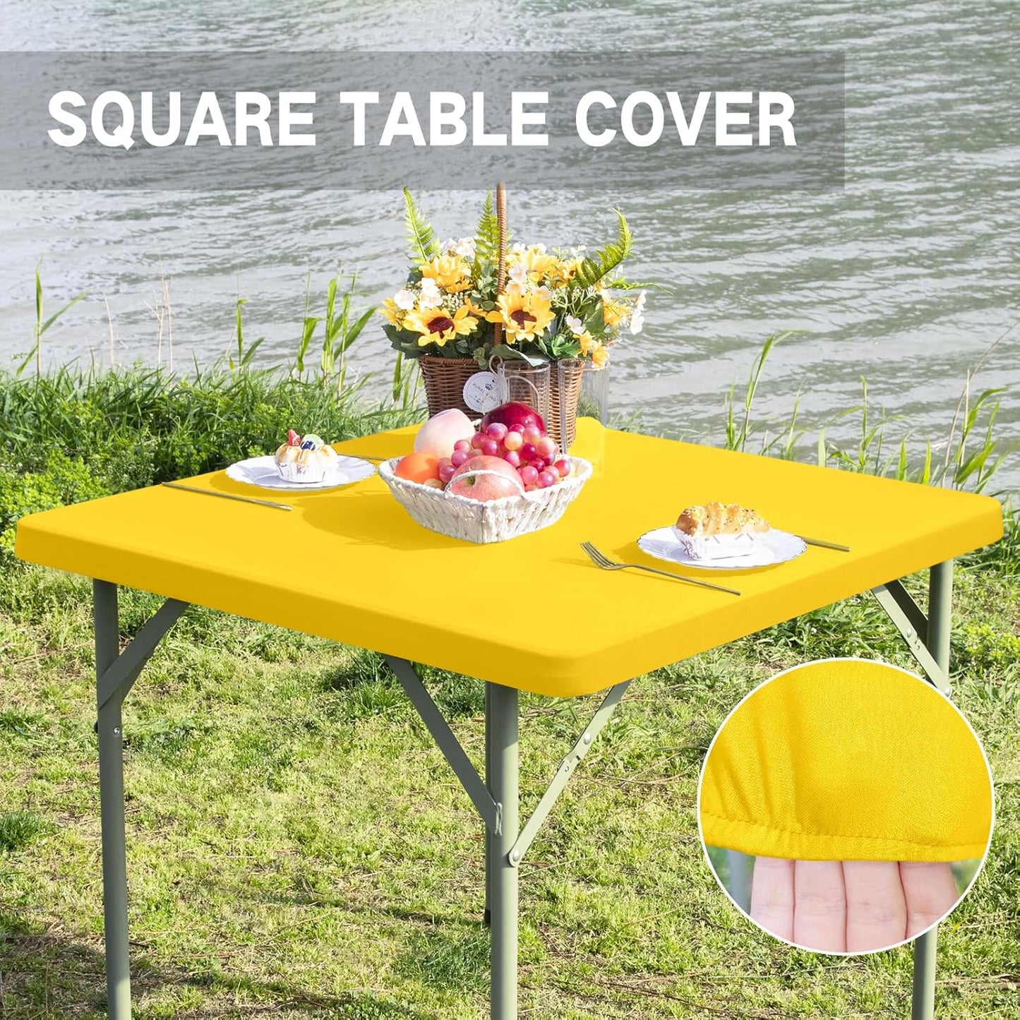 Card Table Covers Fitted Square Elastic Tablecloth, Yellow 34x34 in | Card Table Tablecloth with Elastic, Stretch Spandex Patio Table Covers Washable for Dining, Indoor, Outdoor, Party, Camping