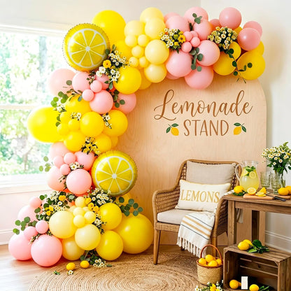 Pink and Yellow Balloon Arch Garland Kit, Lemon Balloon Arch Garland Kit with Pastel Yellow Light Pink Latex Balloons Lemon Foil Ballons for Lemon Party Birthday Baby Shower Bridal Shower Decor