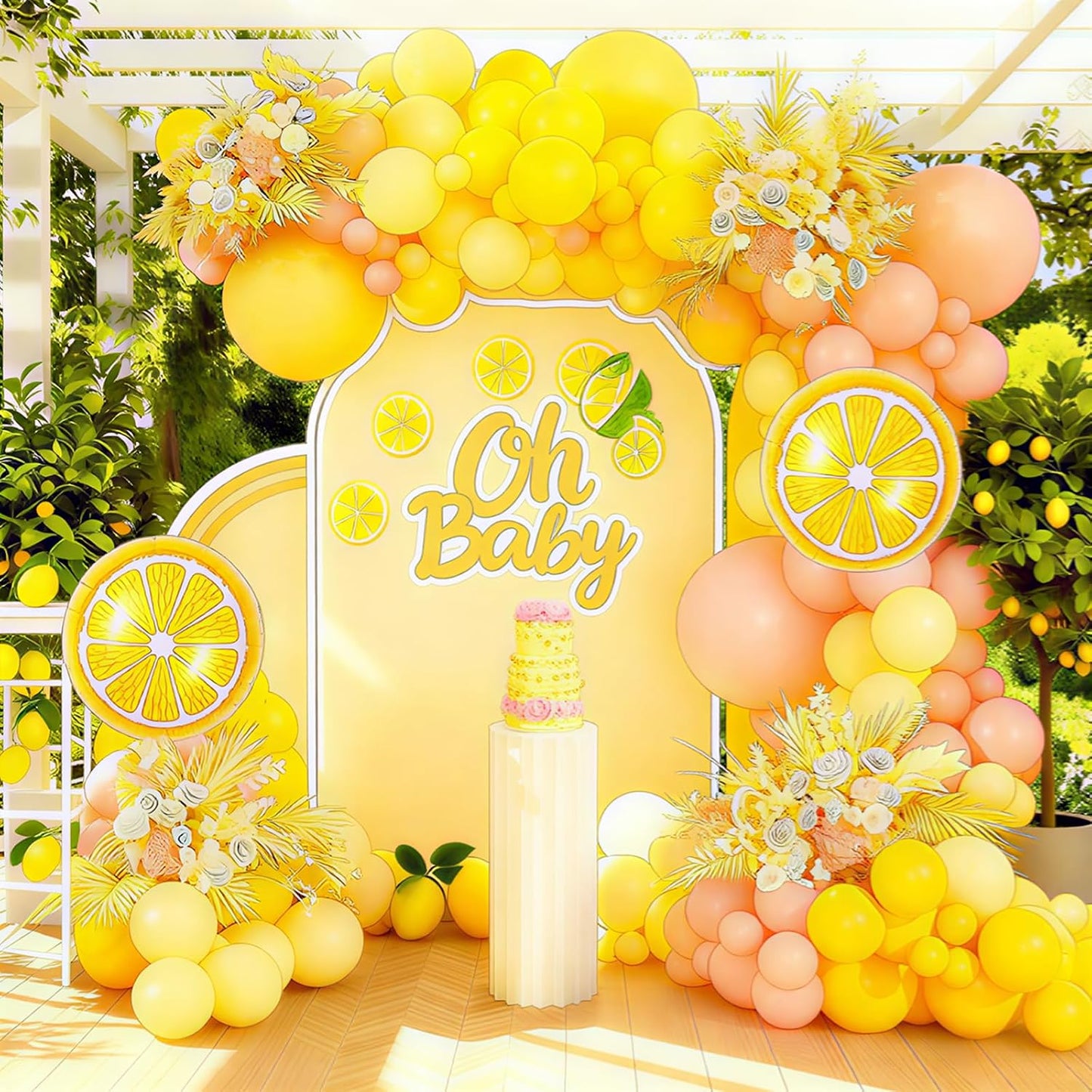 Pink and Yellow Balloon Arch Garland Kit, Lemon Balloon Arch Garland Kit with Pastel Yellow Light Pink Latex Balloons Lemon Foil Ballons for Lemon Party Birthday Baby Shower Bridal Shower Decor