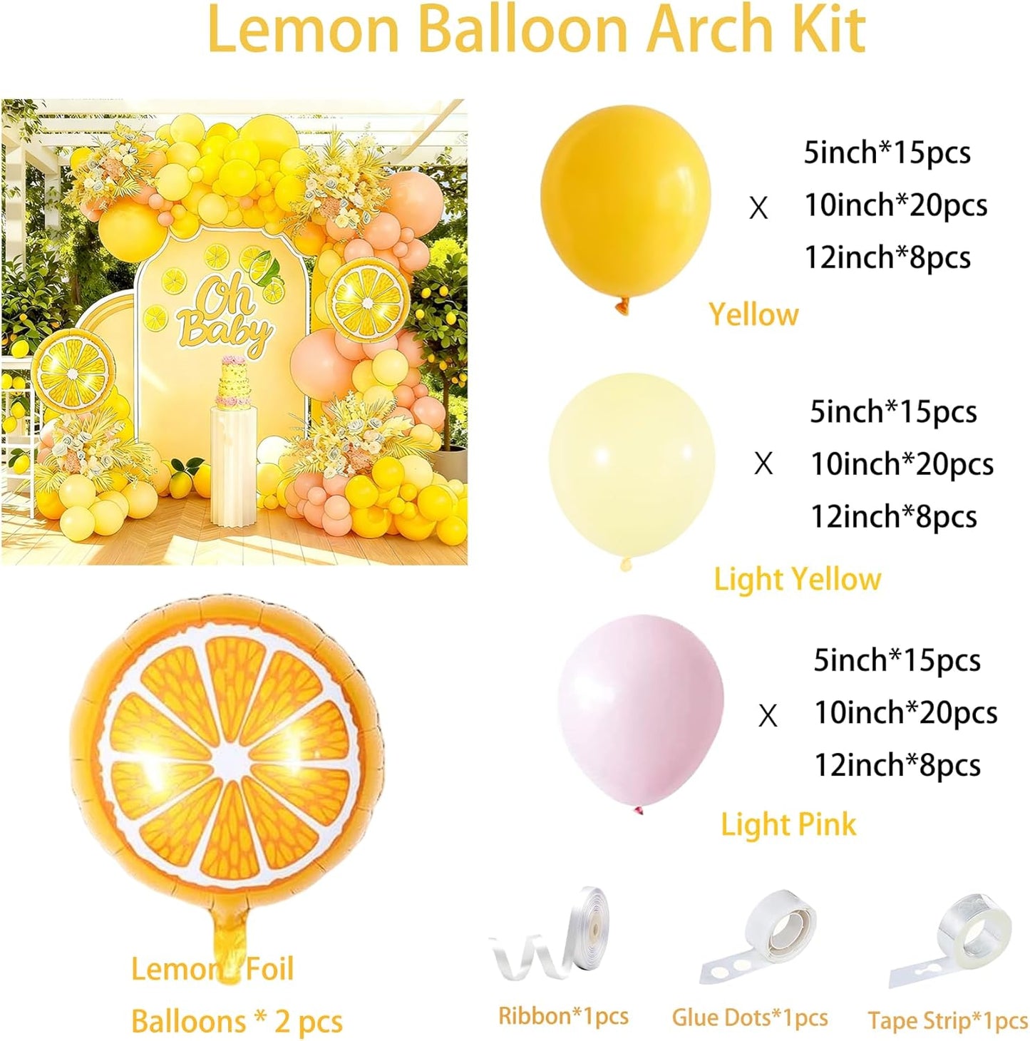 Pink and Yellow Balloon Arch Garland Kit, Lemon Balloon Arch Garland Kit with Pastel Yellow Light Pink Latex Balloons Lemon Foil Ballons for Lemon Party Birthday Baby Shower Bridal Shower Decor