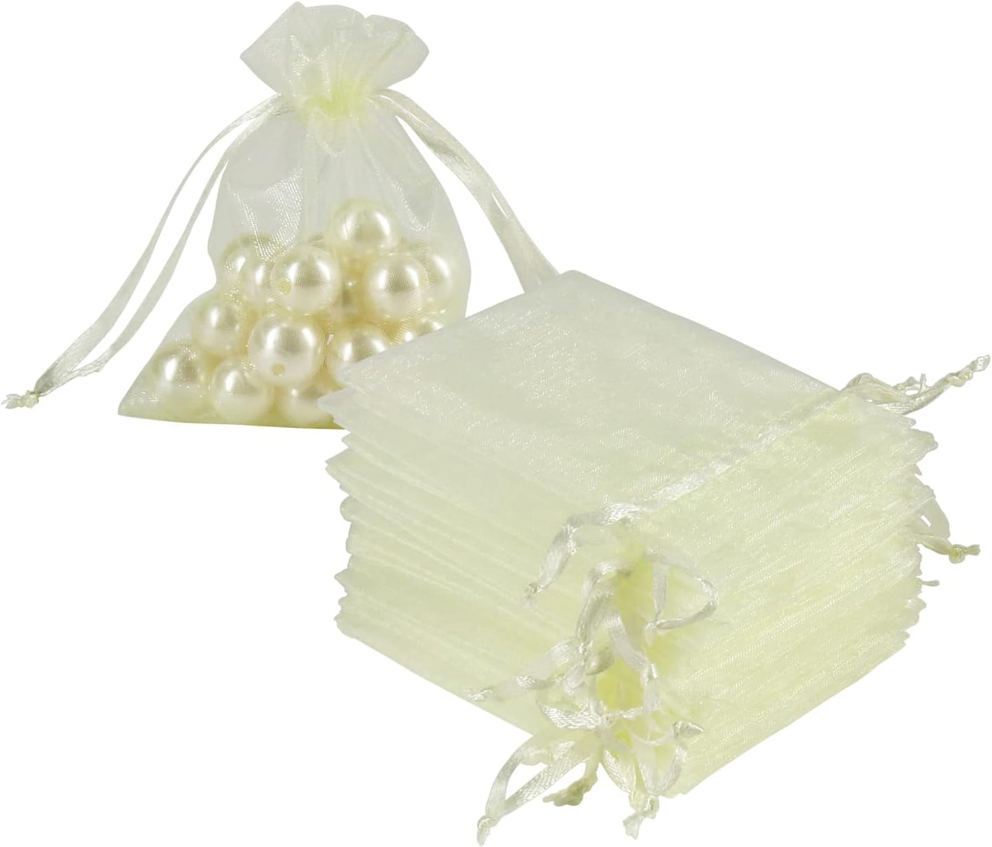 HRX Package 100pcs Little Organza Bags 3 x 4 inch, Pastel Yellow Mesh Bags Drawstring Pouches for Jewelry Bracelets Candy Party Favor Small Gift