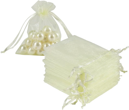 HRX Package 100pcs Little Organza Bags 3 x 4 inch, Pastel Yellow Mesh Bags Drawstring Pouches for Jewelry Bracelets Candy Party Favor Small Gift